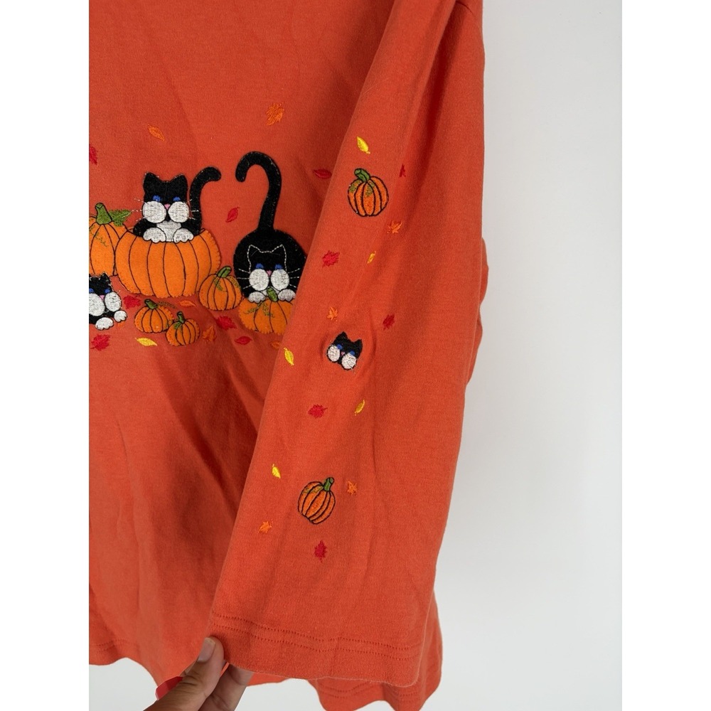 vtg y2k halloween black cat pumpkin embroidered top womens 1x orange fall autumn - Picture 2 of 7